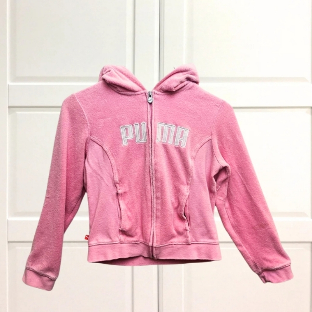 Puma Girls Full-Zip Hoodie Jacket Size L (10–12) Soft Pink Logo Zip-Up